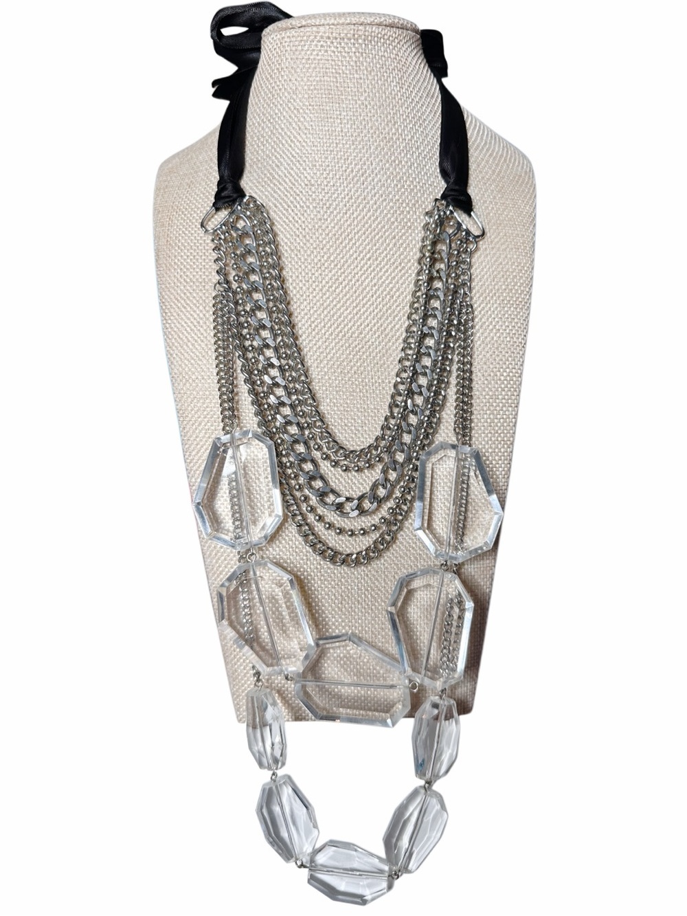 Multi-Chain Acrylic Statement Necklace - Silver and Clear